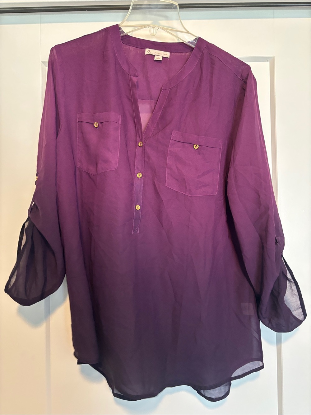 CB casual Purple Sheer 3/4 Sleeve Henley Blouse